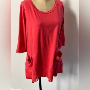 LOGO Lori Goldstein Womens Ruffle Tunic SZ MP Coral 3/4 Sleeve Cotton Modal Top